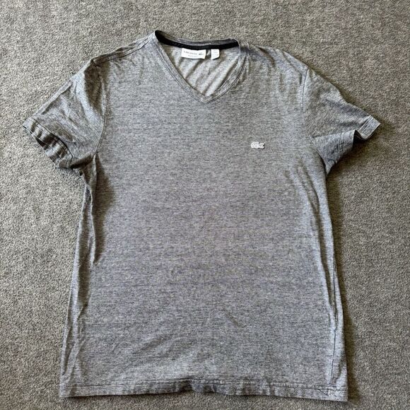 Lacoste Shirt Size M/4 Grey Striped Cotton Peru Regular Fit V Neck - Picture 1 of 7